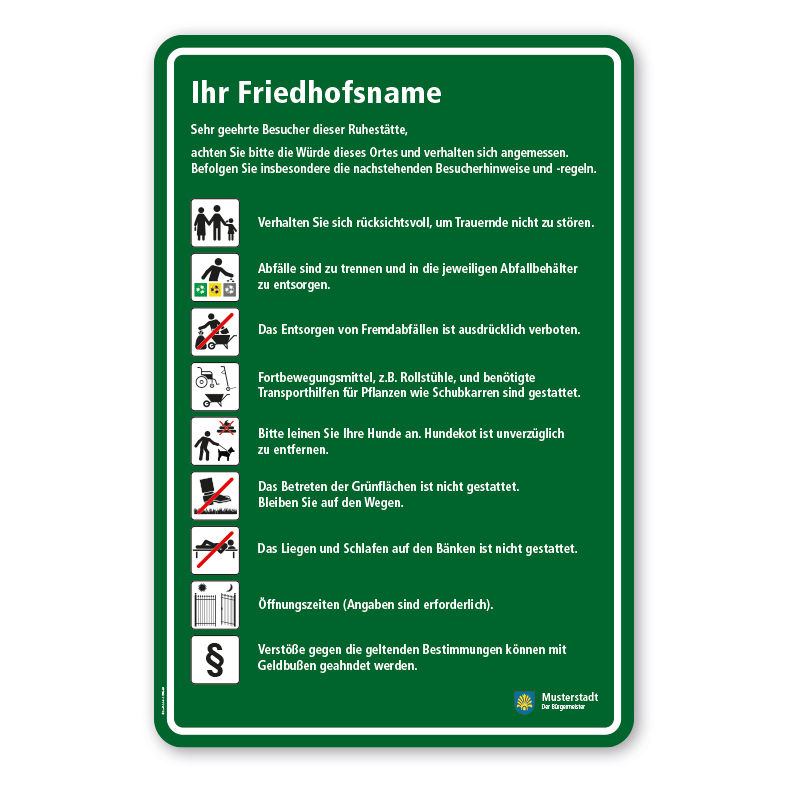 Friedhofsschild mit 9 Piktogrammen - 660 x 980 mm