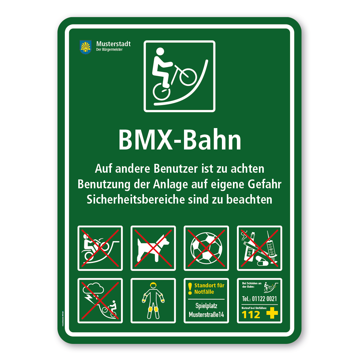 Sportschild - BMX-Bahn - mit BMX-Fahrer - mit 8 frei zu wählenden Piktogrammen – Schilderserie SP-03