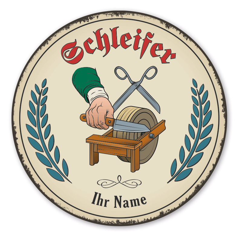 Maibaumschild / Festschild mit Zunftwappen Schleifer - Messerschleifer - Scherenschleifer - mit Zunftnamen, Ihrem Ortsnamen oder Wunschtext - Rundes Wappen