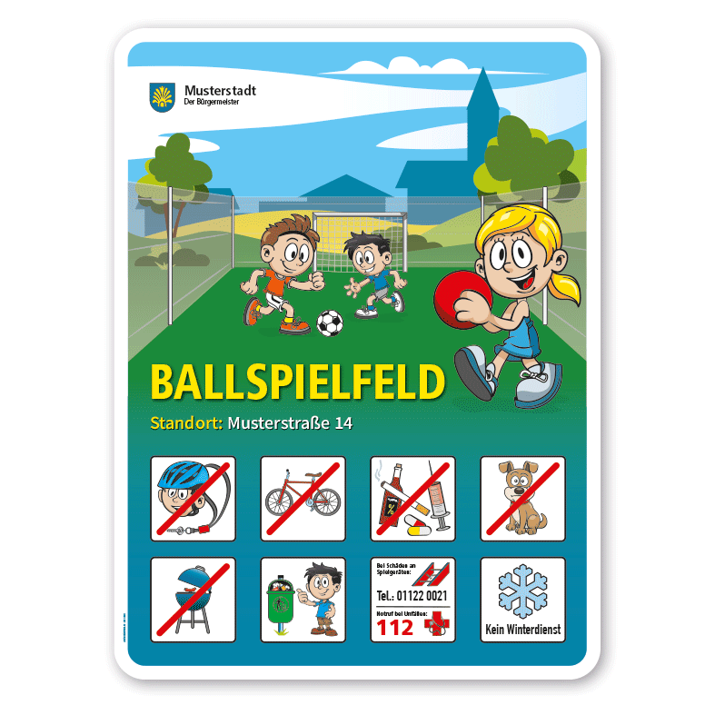Spielplatzschild Ballspielfeld - mit 8 frei zu wählenden Piktogrammen – Schilderserie SP-01