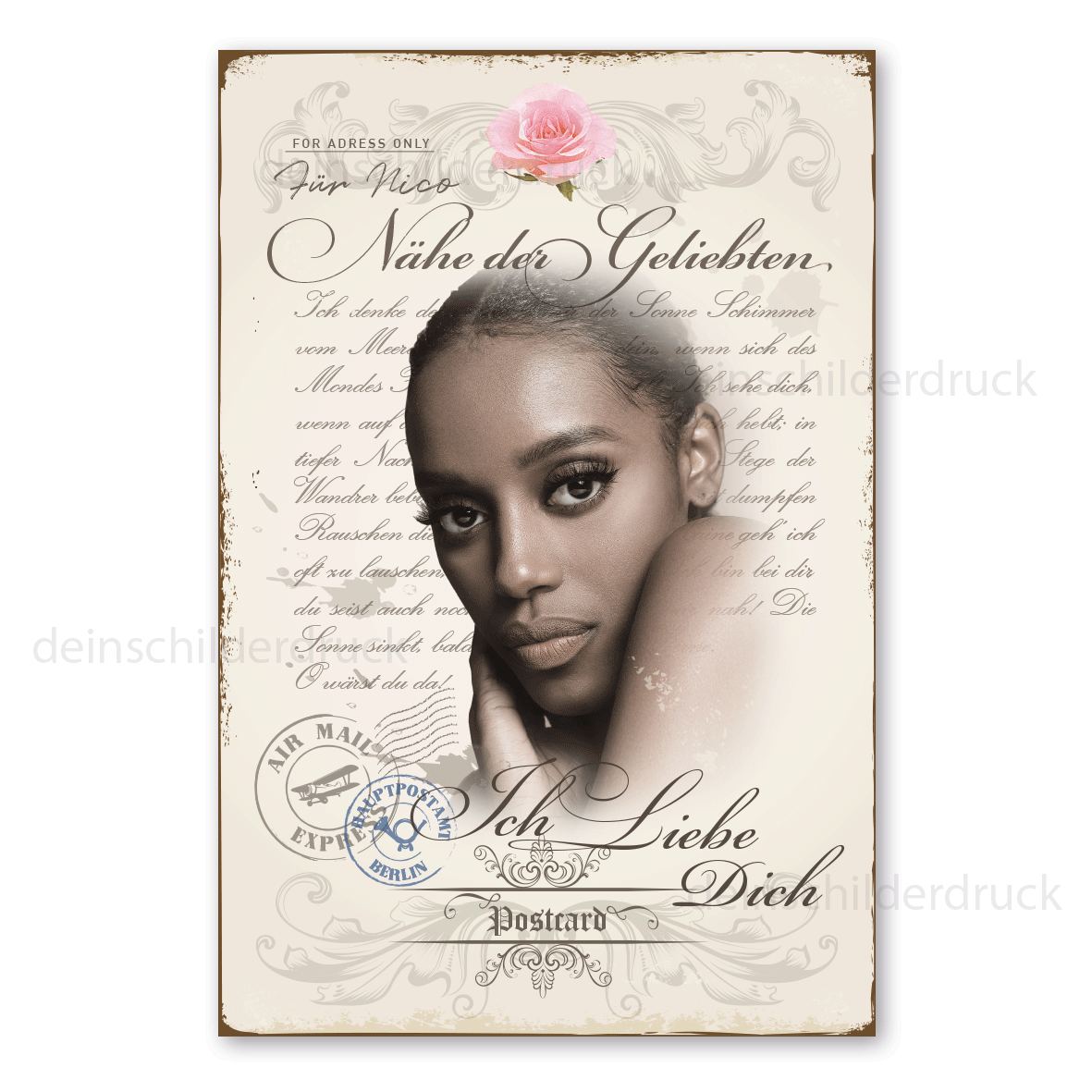 Schild mit Ihrem Foto im Stil einer nostalgischen Postkarte - Mit Goethes Gedicht, Nähe der Geliebten - mit Ihrem Wunschtext - Hochformat