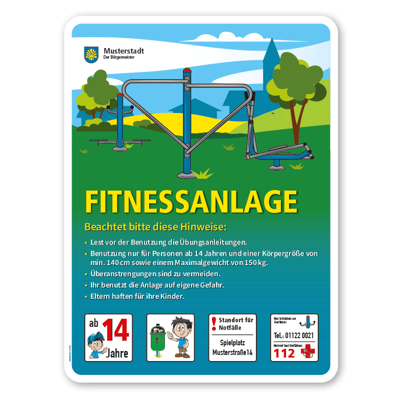 Spielplatzschild Fitnessanlage - mit 4 frei zu wählenden Piktogrammen – Schilderserie SP-01