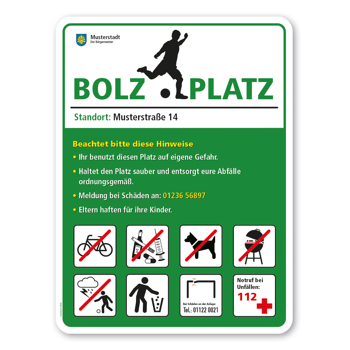 Spielplatzschild - Bolzplatz mit 8 frei zu wählenden Piktogrammen – Schilderserie SP-02-B