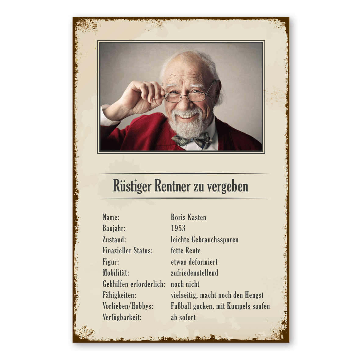 Steckbrief Person - Mensch im Quartettkarten-Stil mit Ihrem Photo und Wunschtext als hochwertiges Retroschild - QT-VIN-02