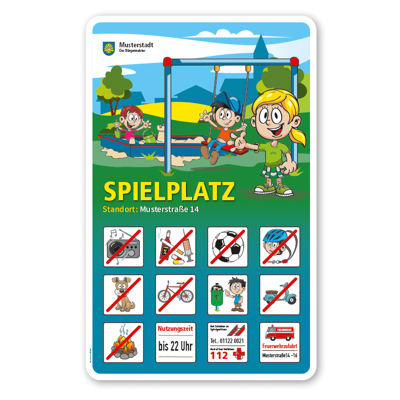 Spielplatzschild Spielplatz mit Schaukel - Sandkasten mit 12 frei zu wählenden Piktogrammen – Schilderserie SP-01