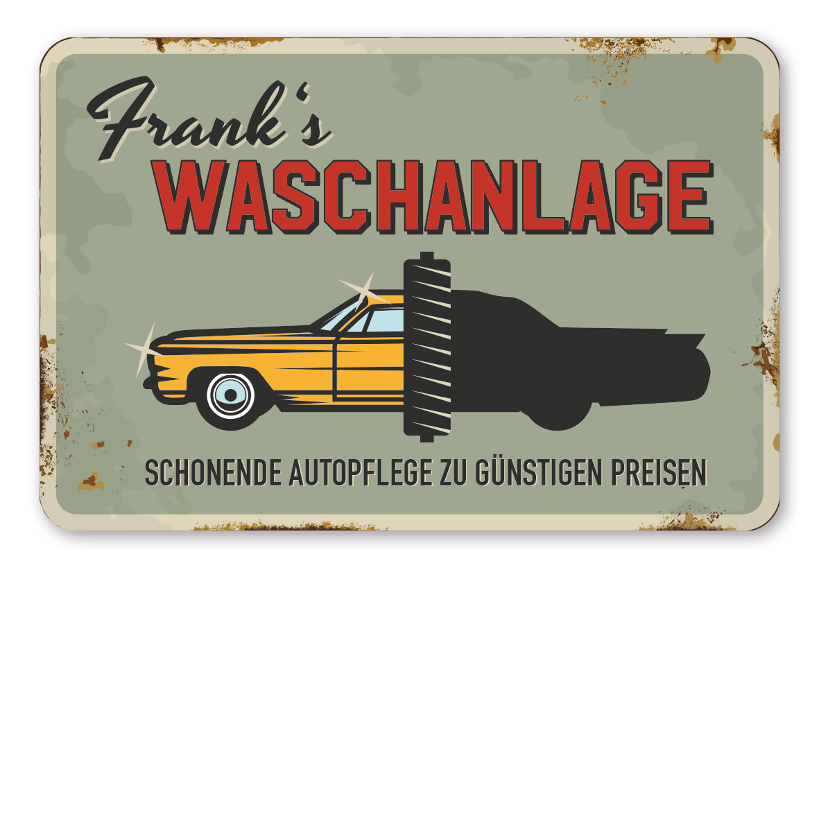 Retroschild / Vintage-Schild Autowaschanlage - Waschanlage - Mit Ihrem Namenseindruck - Werkstattschild