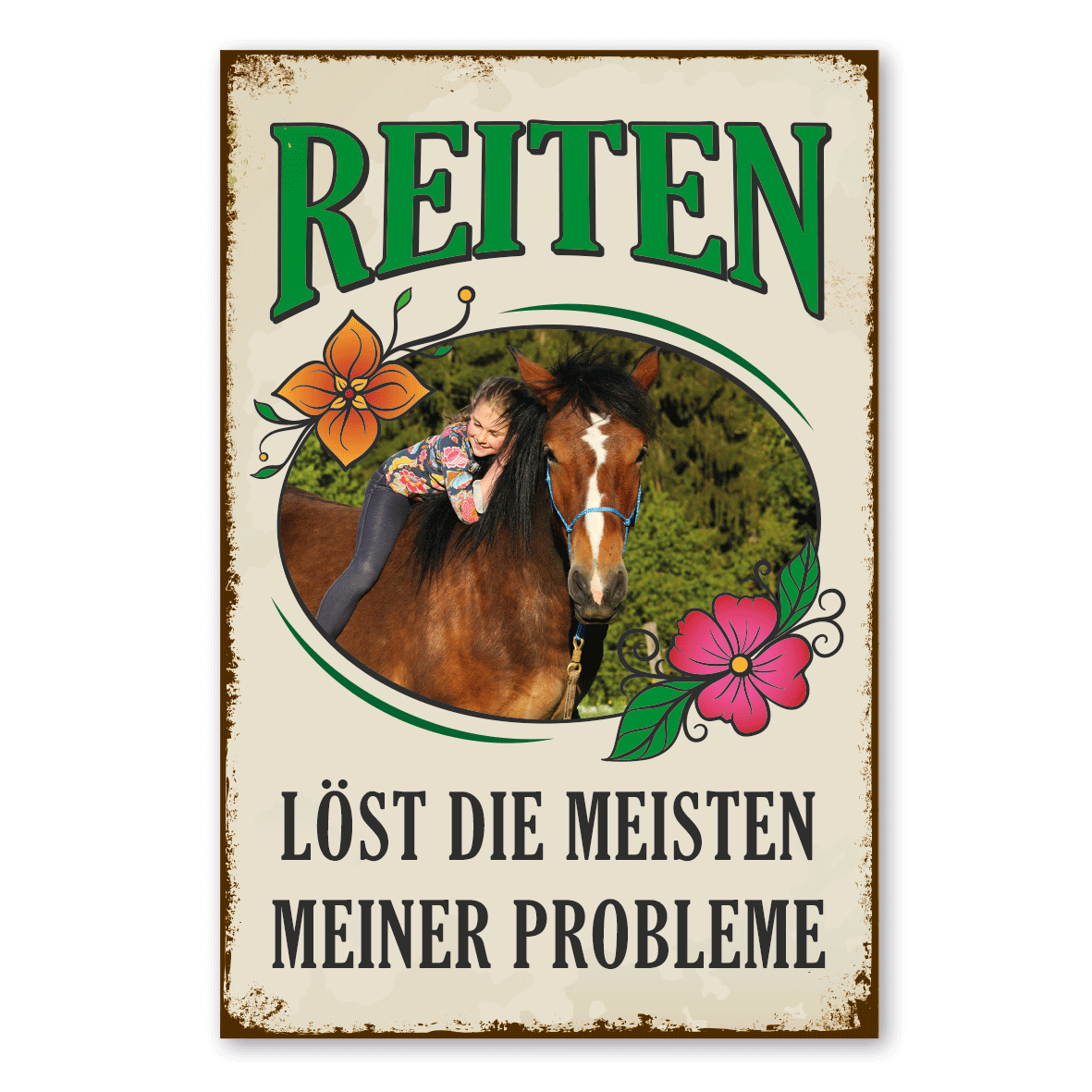 Hochwertiges Pferdeschild mit Ihrem Photo und Wunschtext in Retroausführung - Hochformat