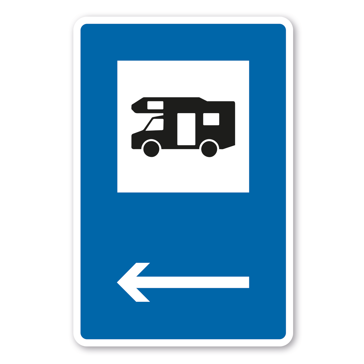 Parkplatzschild Wohnmobil mit linksweisendem Pfeil – mit großem Piktogramm - Verkehrsschild