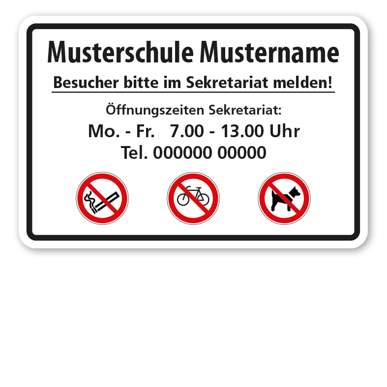 Hinweisschild für Schulen - Besucher bitte im Sekretariat melden - Mit Ihrem Schulnamen, Öffnungszeiten und Telefonnummer