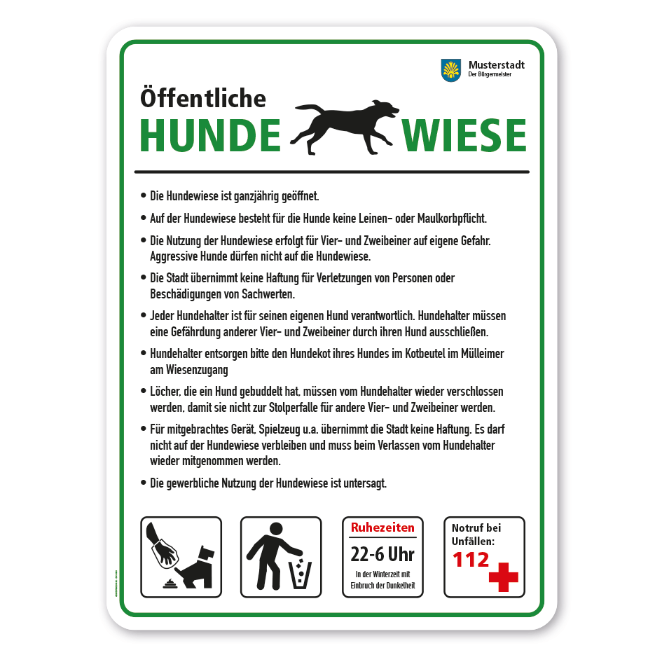 Hinweisschild Öffentliche Hundewiese - mit Regeln und 4 frei zu wählenden Piktogrammen – Schilderserie SP-02-B