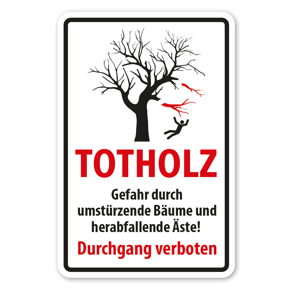 Warnschild Totholz - Gefahr durch umstürzende Bäume und herabfallende Äste - Durchgang verboten - mit Abbildung