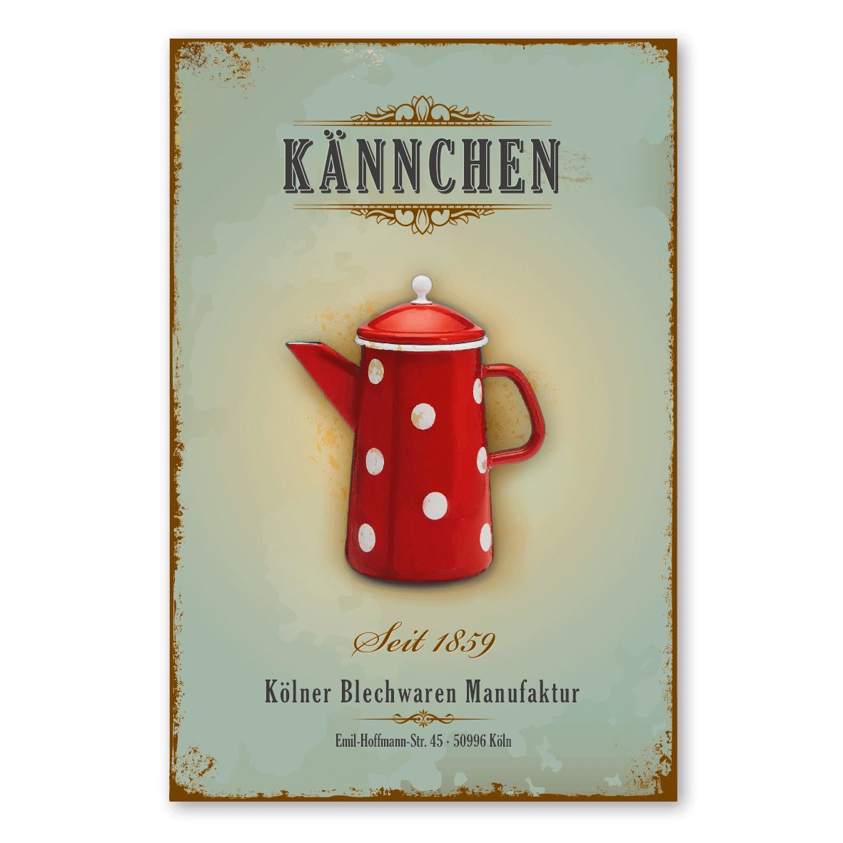 Retroschild / Vintage-Schild Kännchen - Kaffeekanne - mit Ihrem Jahreseindruck und Adresse