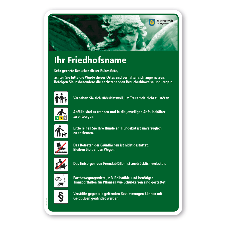 Friedhofsschild mit Engelbild und 7 Piktogrammen - 660 x 980 mm