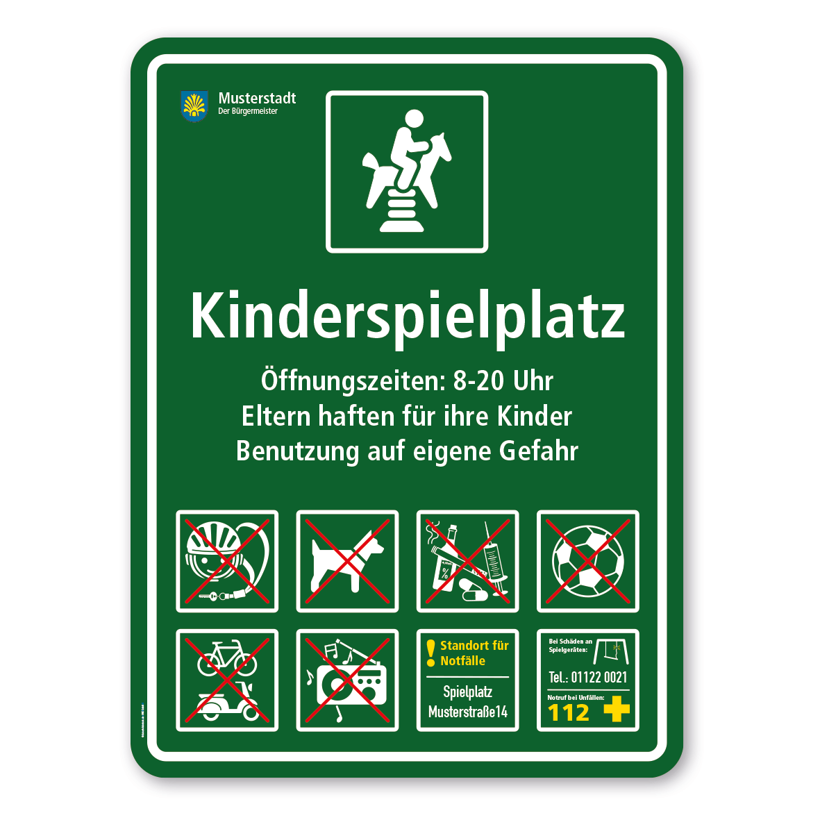 Spielplatzschild - Kinderspielplatz - mit Federwippe - mit 8 frei zu wählenden Piktogrammen – Schilderserie SP-03