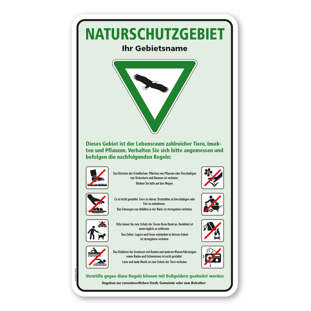 Tier- und Naturschutzschild Naturschutzgebiet mit 8 Piktogrammen - 500 x 850 mm