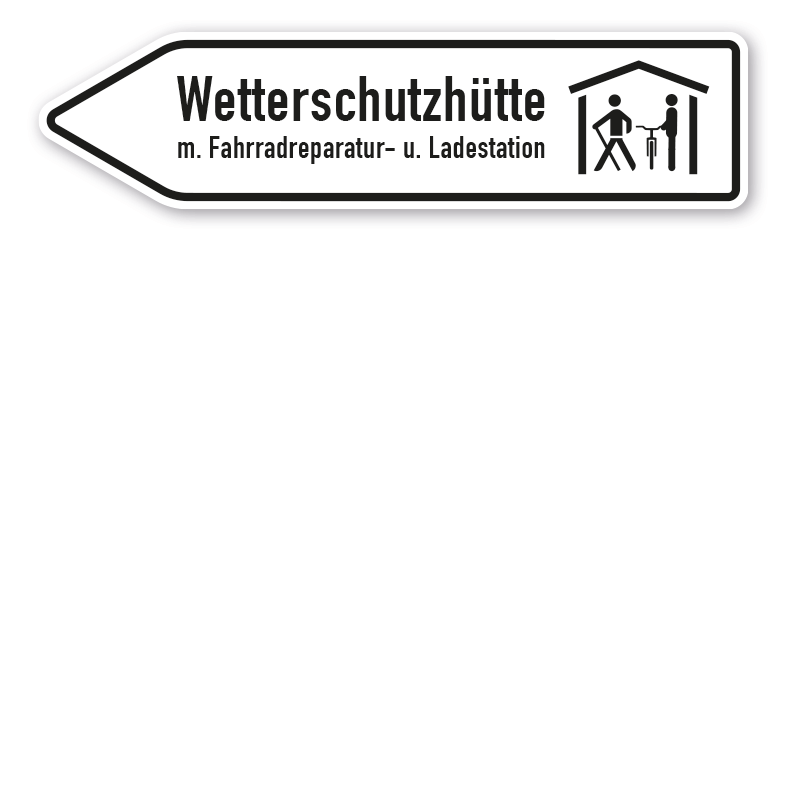 Pfeilschild / Pfeilwegweiser Wetterschutzhütte mit Fahrradreparatur und Ladestation