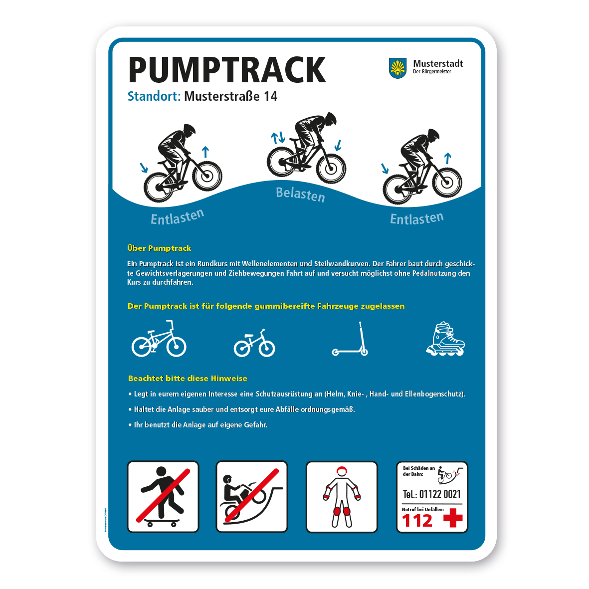 Sportplatzschild - Pumptrack mit 4 frei zu wählenden Piktogrammen – Schilderserie SP-02-B