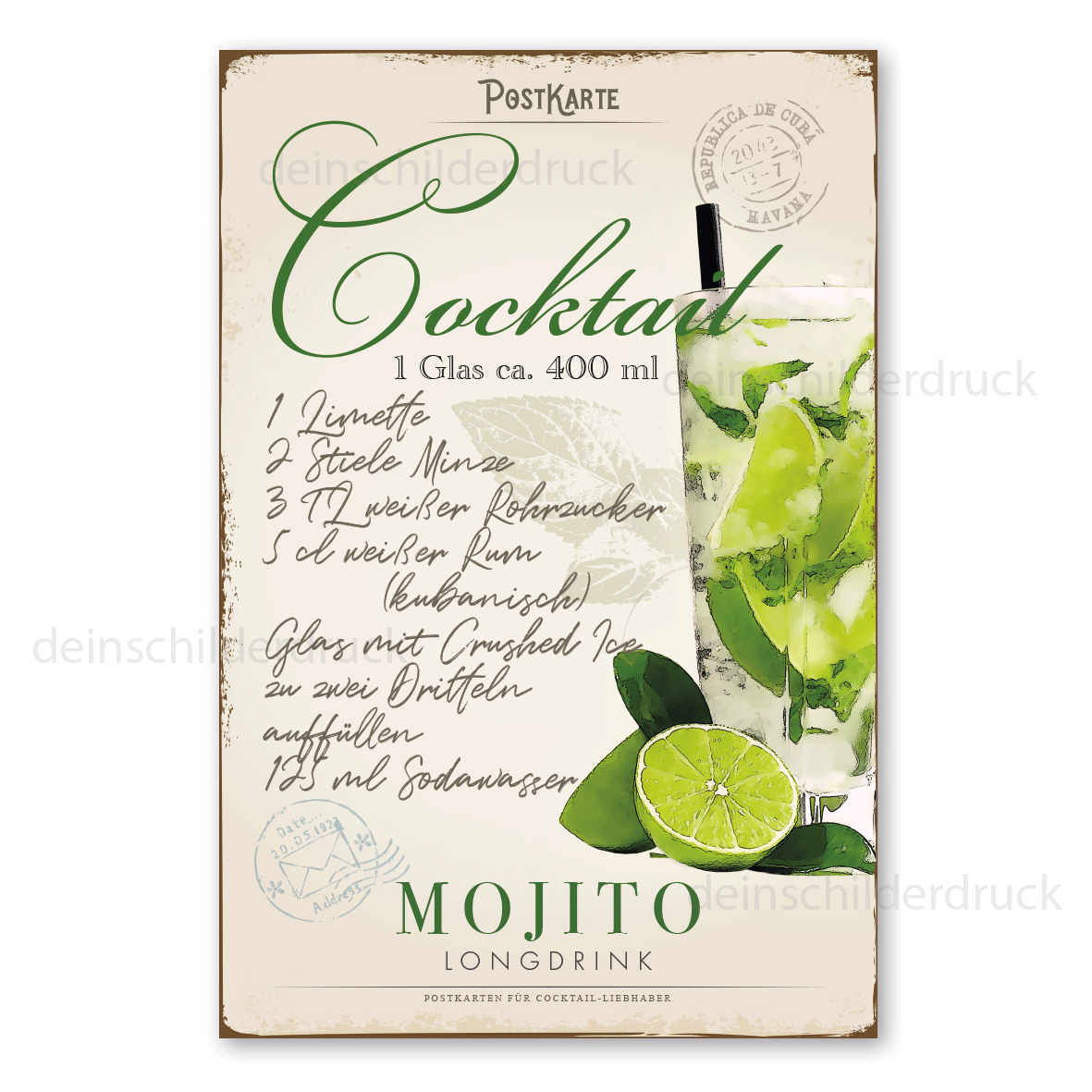 Retro Schild für Cocktail-Liebhaber im Stil einer nostalgischen Postkarte - Postcard - Cocktail - Mojito - auch mit Ihrem Wunschtext