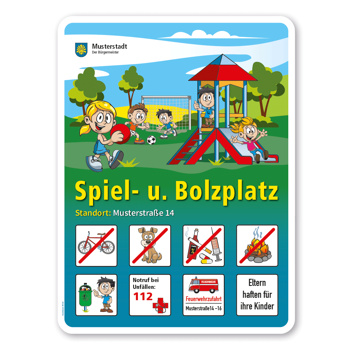Spielplatzschild Spiel- und Bolzplatz - mit 8 frei zu wählenden Piktogrammen – Schilderserie SP-01
