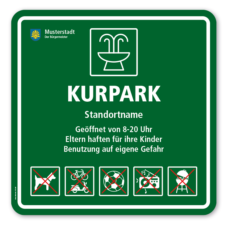 Schild - Kurpark - mit 5 frei zu wählenden Piktogrammen - quadratisch – Schilderserie SP-03