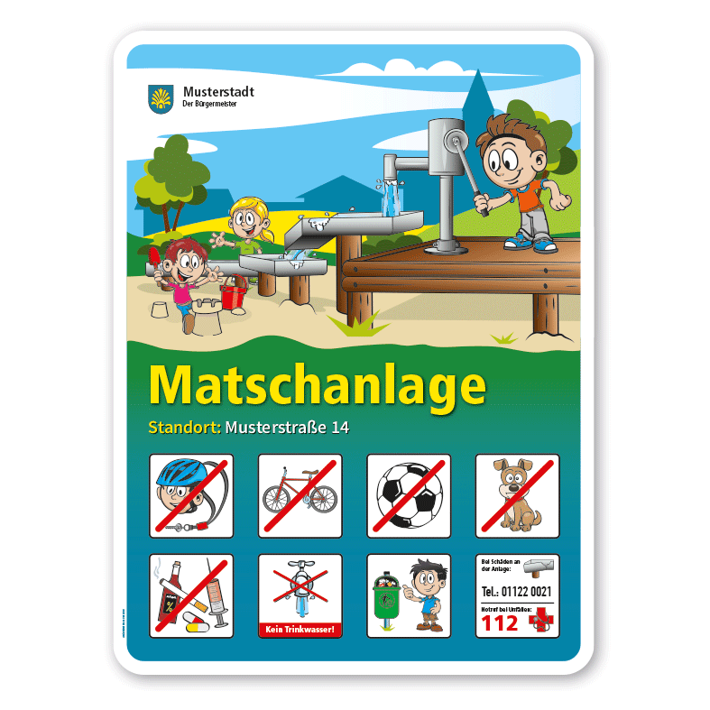 Spielplatzschild Matschanlage - Wasserspielplatz - mit 8 frei zu wählenden Piktogrammen – Schilderserie SP-01