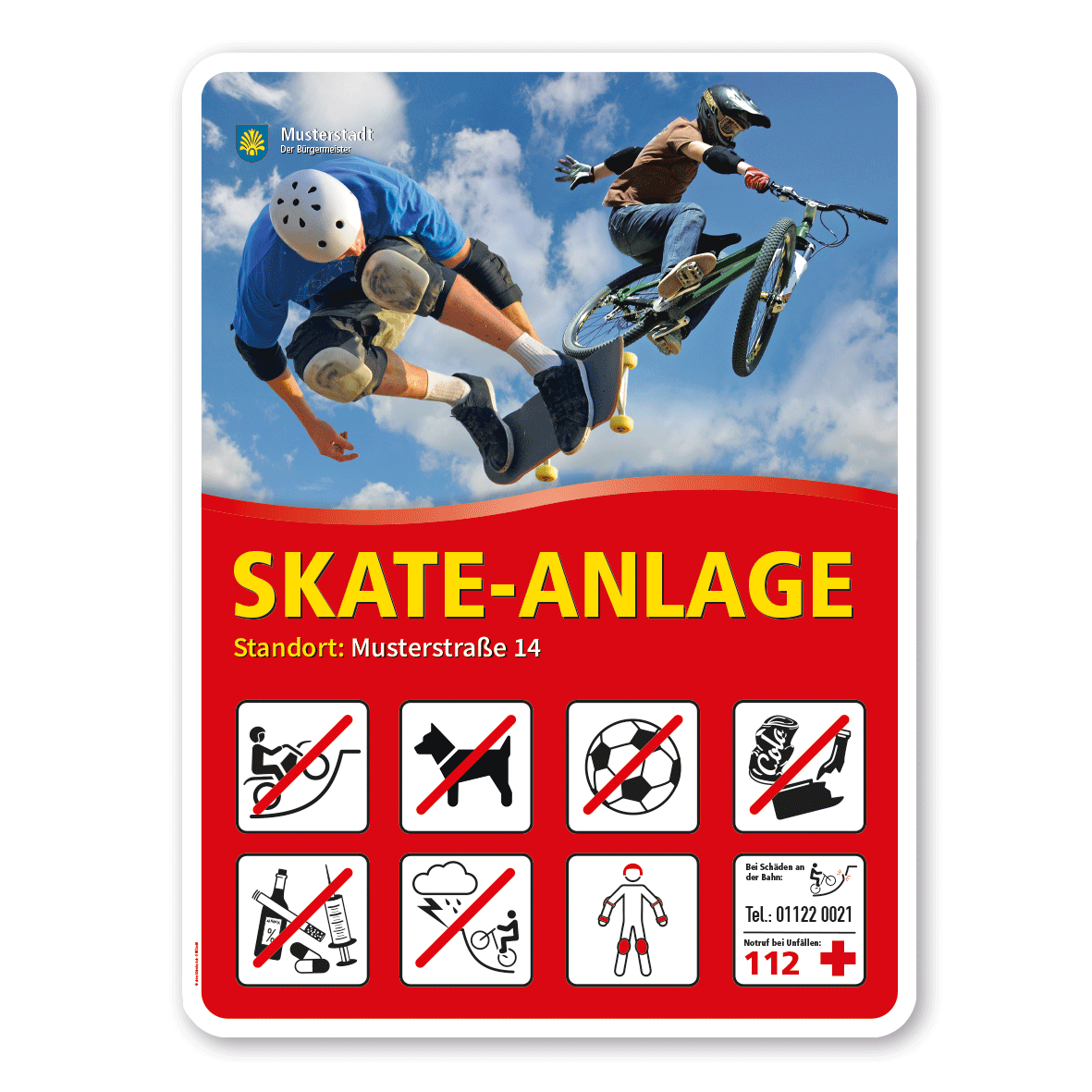 Spielplatzschild - Skate-Bahn mit 8 frei zu wählenden Piktogrammen – Schilderserie SP-02