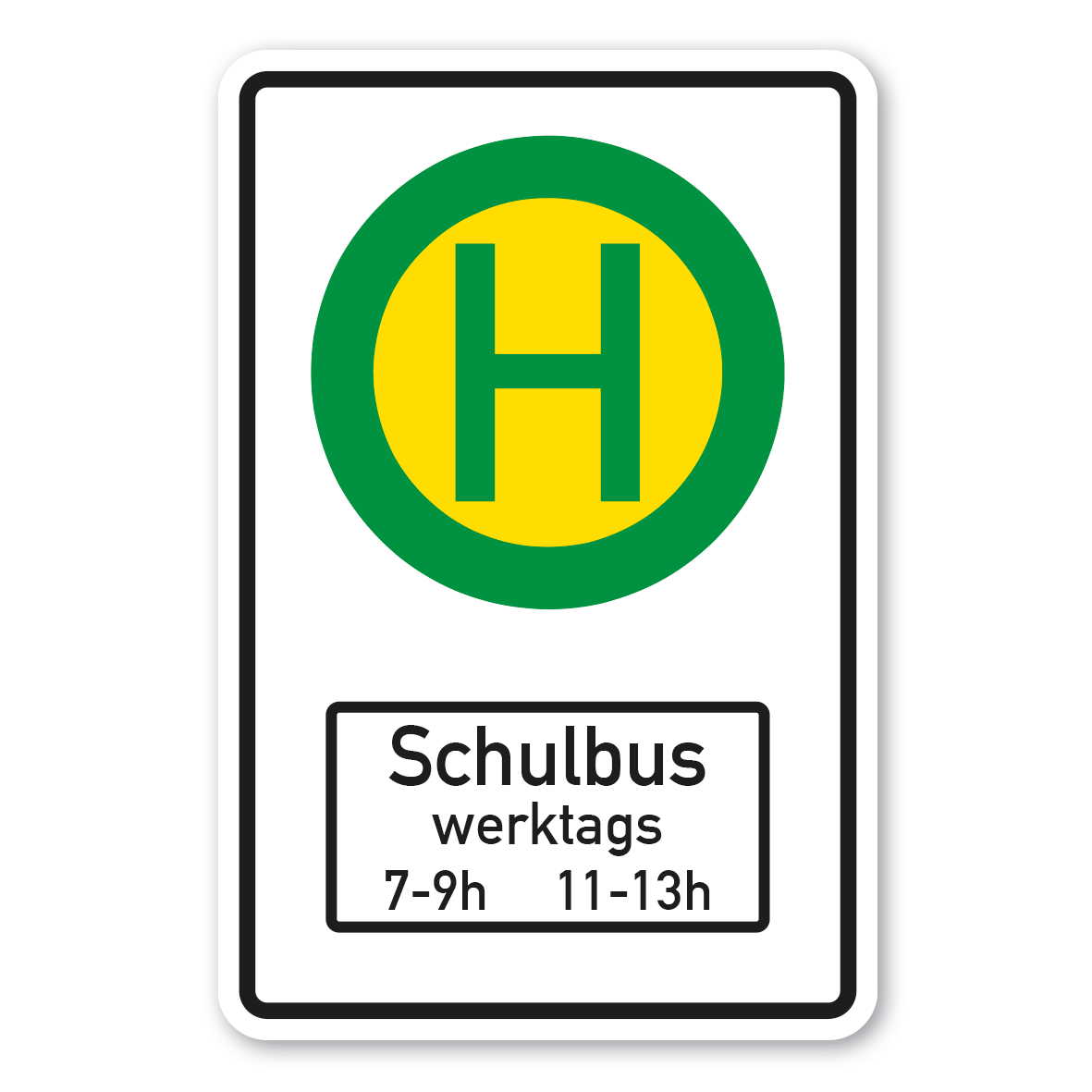 Verkehrsschild Haltestelle für Straßenbahnen oder Linienbusse mit Symbol VZ 224 und Zusatzzeichen Schulbus - Kombi