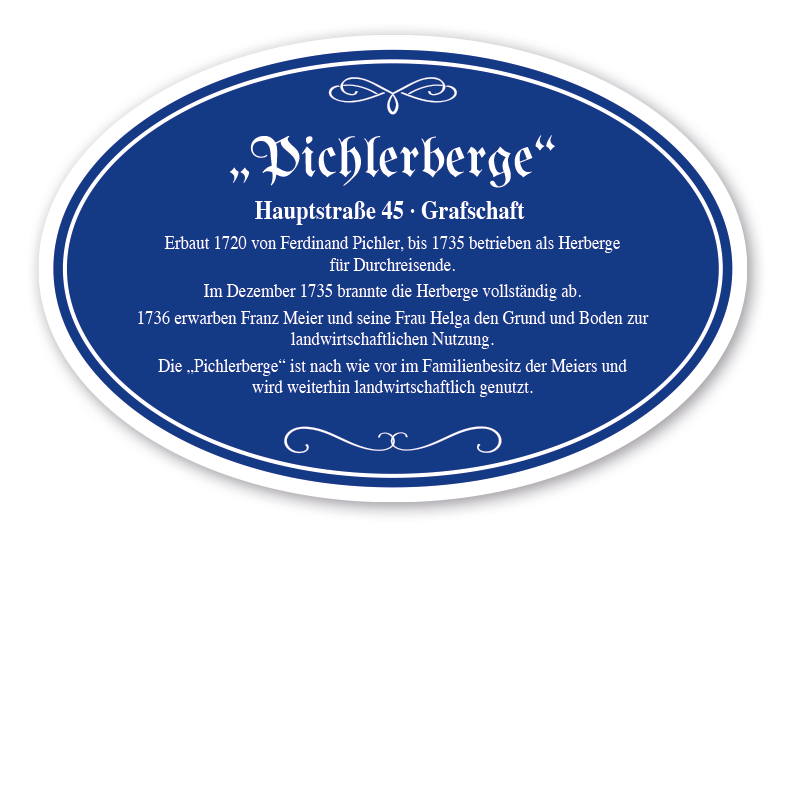 Hoftafel mit Hofnamen und geschichtlichen Informationen - ovale Ausführung in vier Farbvarianten