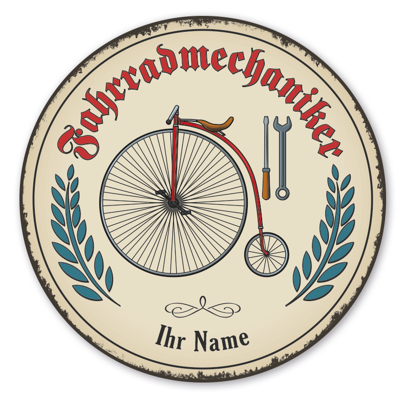 Maibaumschild / Festschild mit Zunftwappen Fahrradmechaniker - mit Zunftnamen, Ihrem Ortsnamen oder Wunschtext - Rundes Wappen