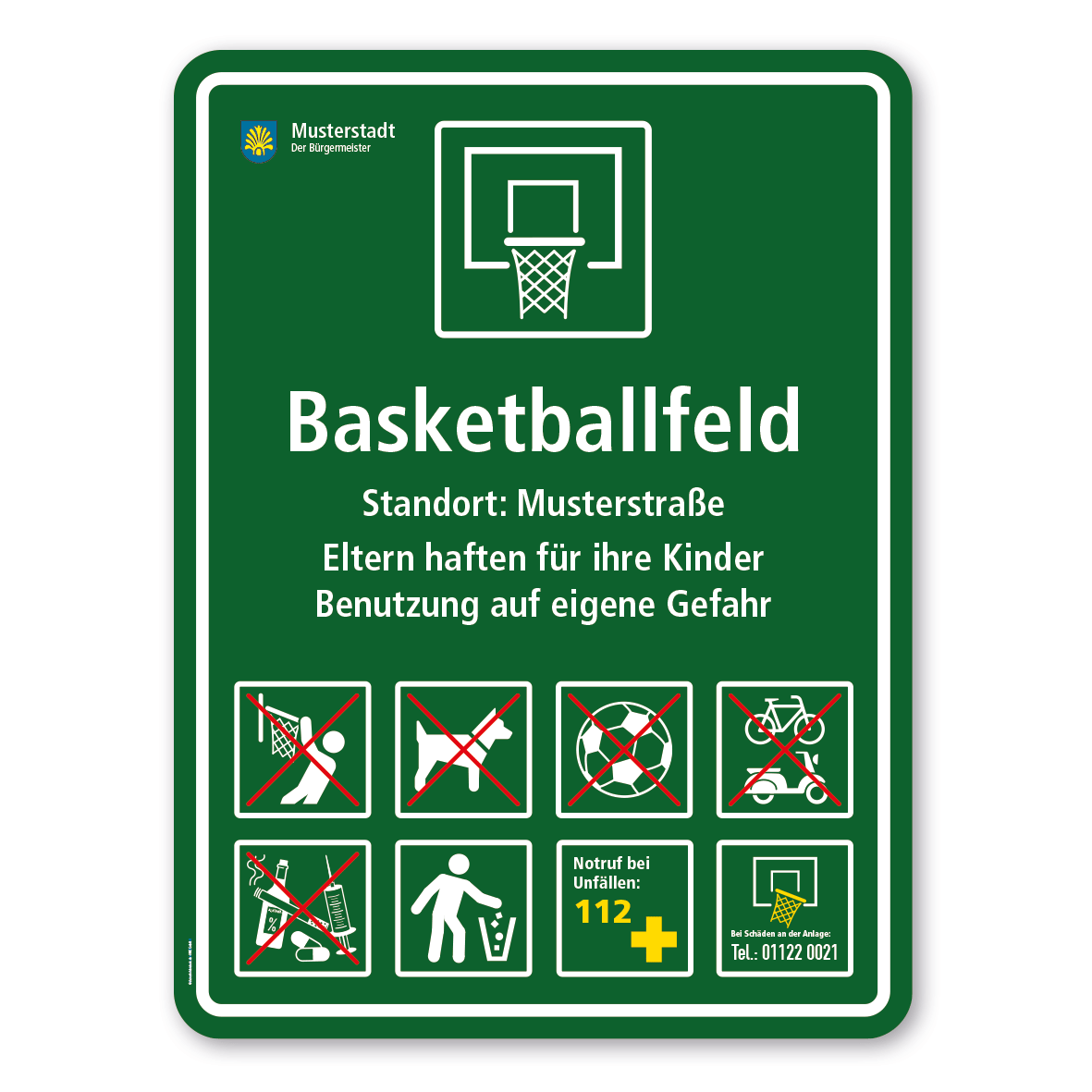 Sportplatzschild - Basketballfeld - mit Basketballkorb - mit 8 frei zu wählenden Piktogrammen – Schilderserie SP-03