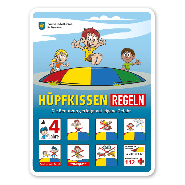 Spielplatzschild Hüpfkissen-Regeln - mit 8 frei zu wählenden Piktogrammen – Schilderserie SP-01