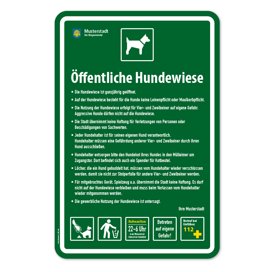Hinweisschild - Öffentliche Hundewiese - mit Hinweises, Wappen und 5 frei zu wählenden Piktogrammen – Schilderserie SP-03
