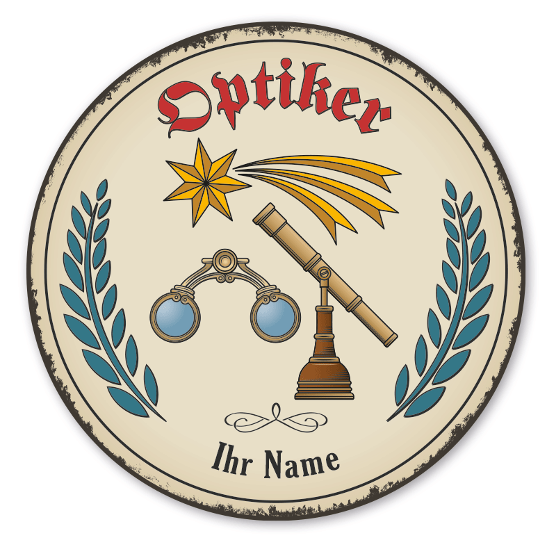 Maibaumschild / Festschild mit Zunftwappen Optiker - Brillenmacher - mit Zunftnamen, Ihrem Ortsnamen oder Wunschtext - Rundes Wappen
