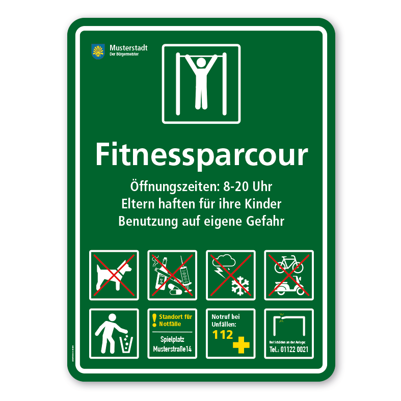Spielplatzschild - Fitnessparcour - mit Zusatztexten und 8 Piktogrammen – Schilderserie SP-03