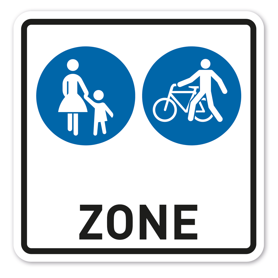 Hinweisschild Zone Fußgänger - Radfahrer absteigen, Fahrrad schieben - quadratisch - Verkehrsschild