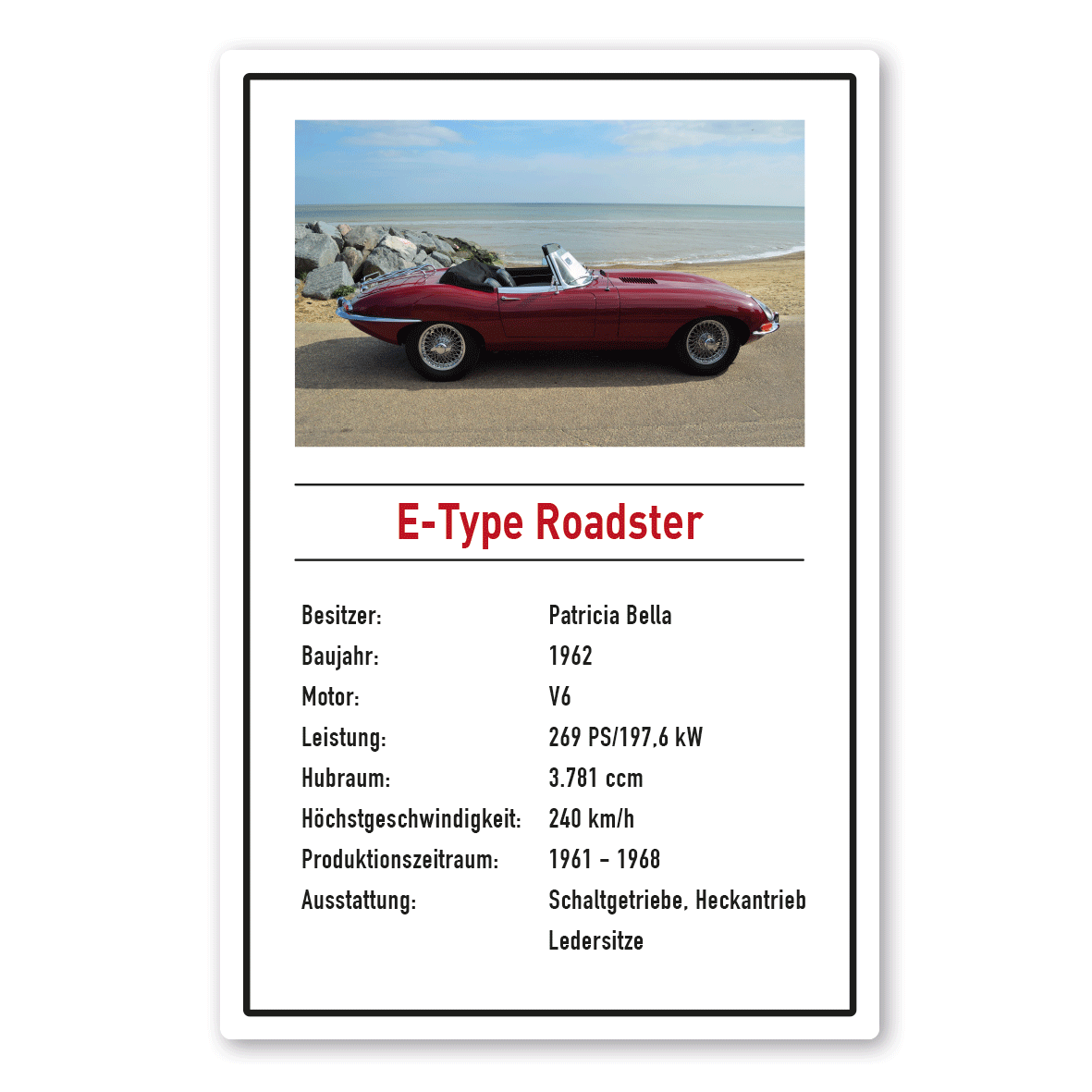 Steckbrief für Fahrzeuge im Quartettkarten-Stil mit Ihrem Photo und Wunschtext als hochwertiges Schild - Autoschild QT-J-02