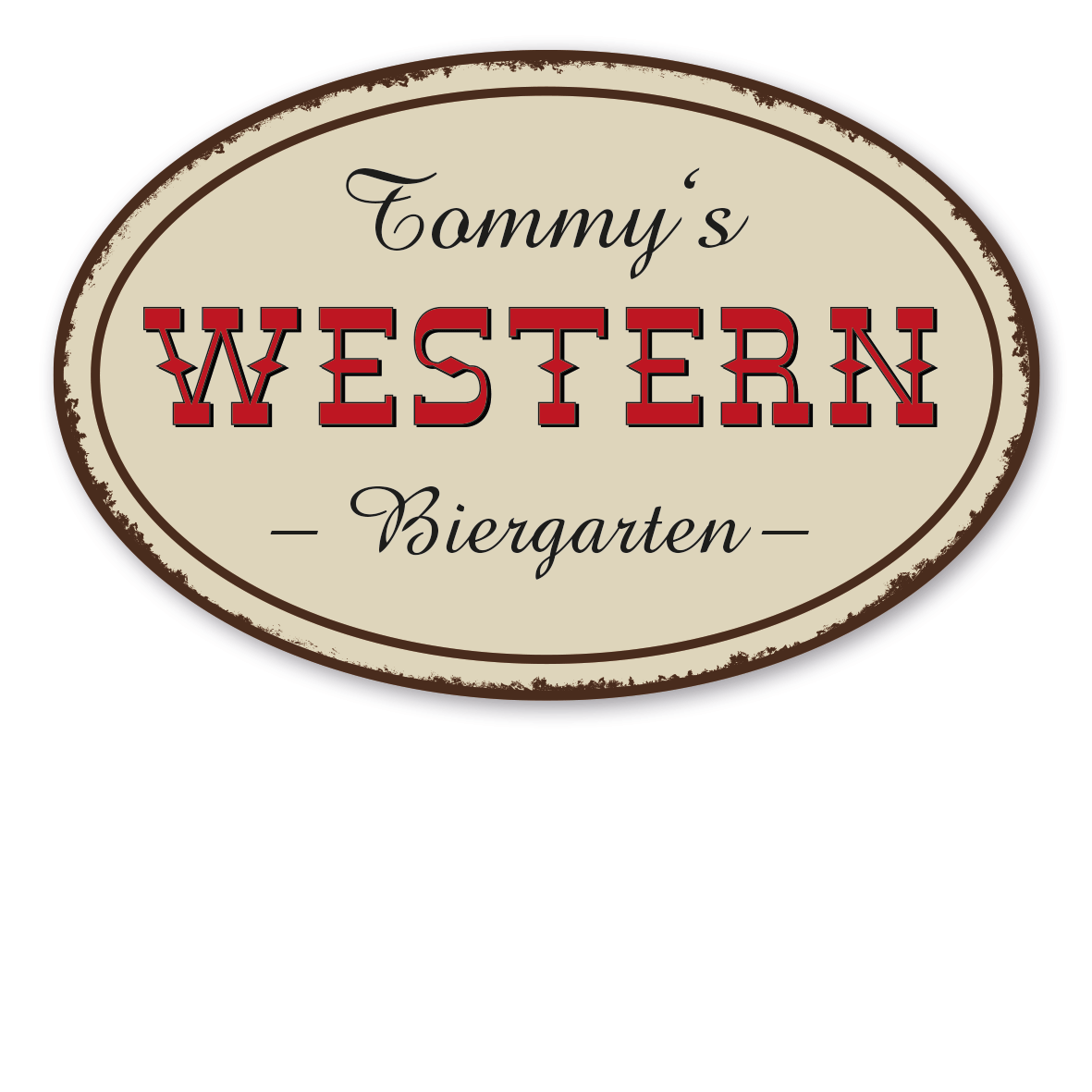 Retroschild / Vintage-Firmenschild Ovale Ausführung mit dreizeiligem Eindruck - Typ Western