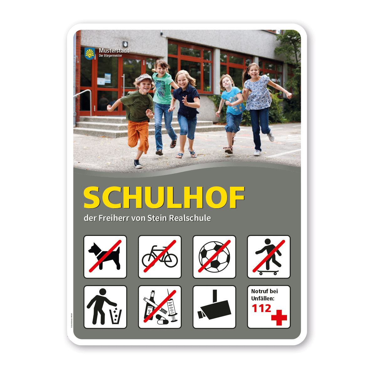 Schulhofschild - Schulhof mit 8 frei zu wählenden Piktogrammen – Schilderserie SP-02