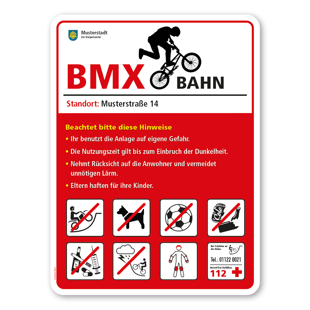 Sportplatzschild BMX-Bahn -  mit 8 frei zu wählenden Piktogrammen – Schilderserie SP-02-B