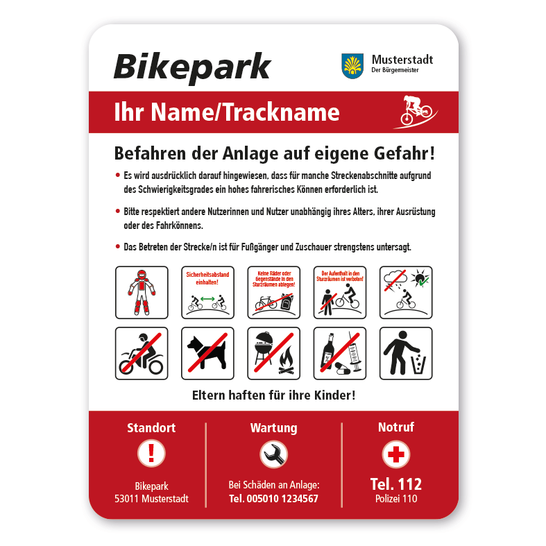 Hinweisschild für Fahrradstrecken Bikepark - mit 10 frei zu wählenden Piktogrammen – Serie SP-02-C