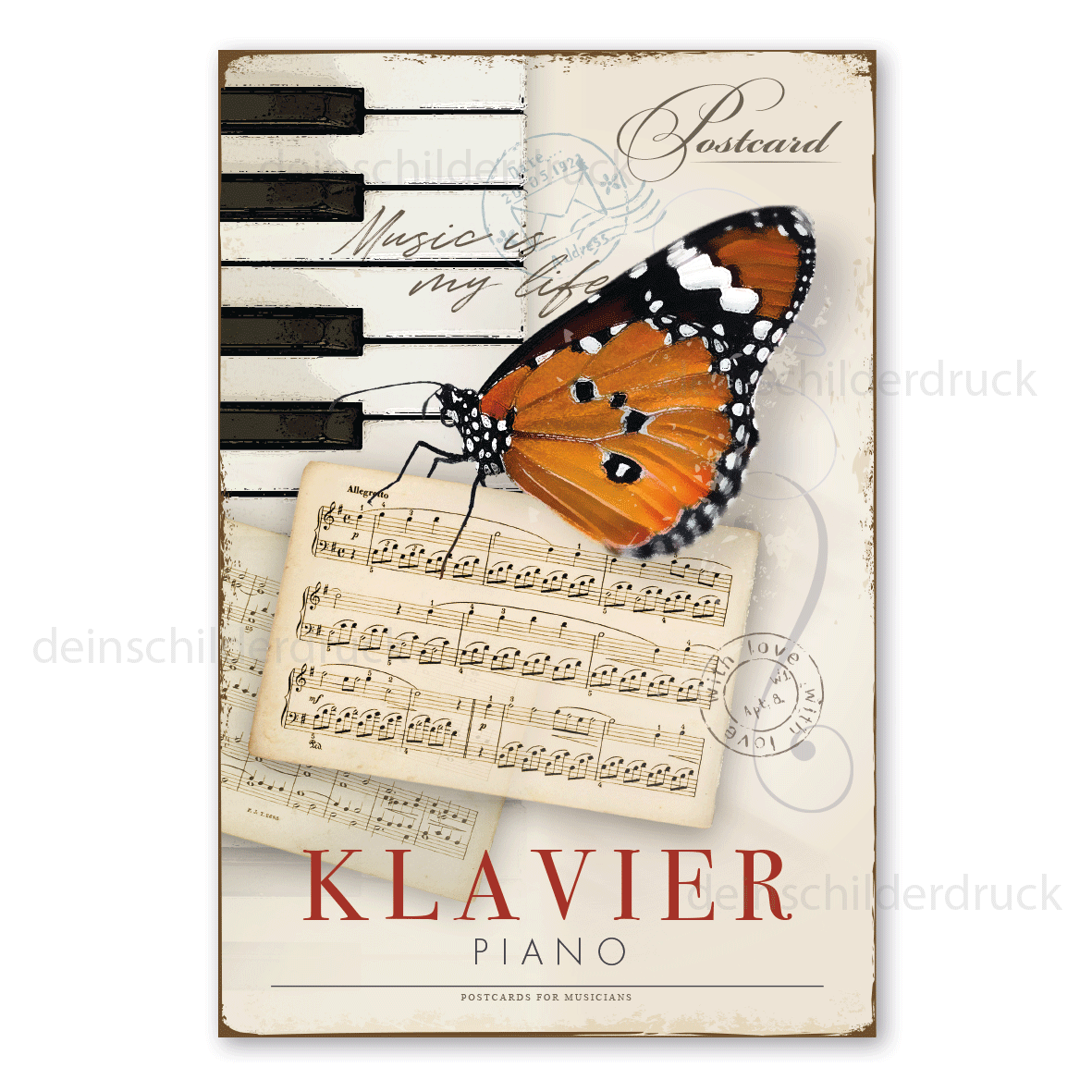 Retro Schild für Musikliebhaber im Stil einer nostalgischen Postkarte - Postcard - Klavier - Piano - auch mit Ihrem Wunschtext
