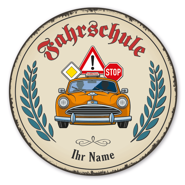 Maibaumschild / Festschild mit Zunftwappen Fahrschule - mit Zunftnamen, Ihrem Ortsnamen oder Wunschtext - Rundes Wappen