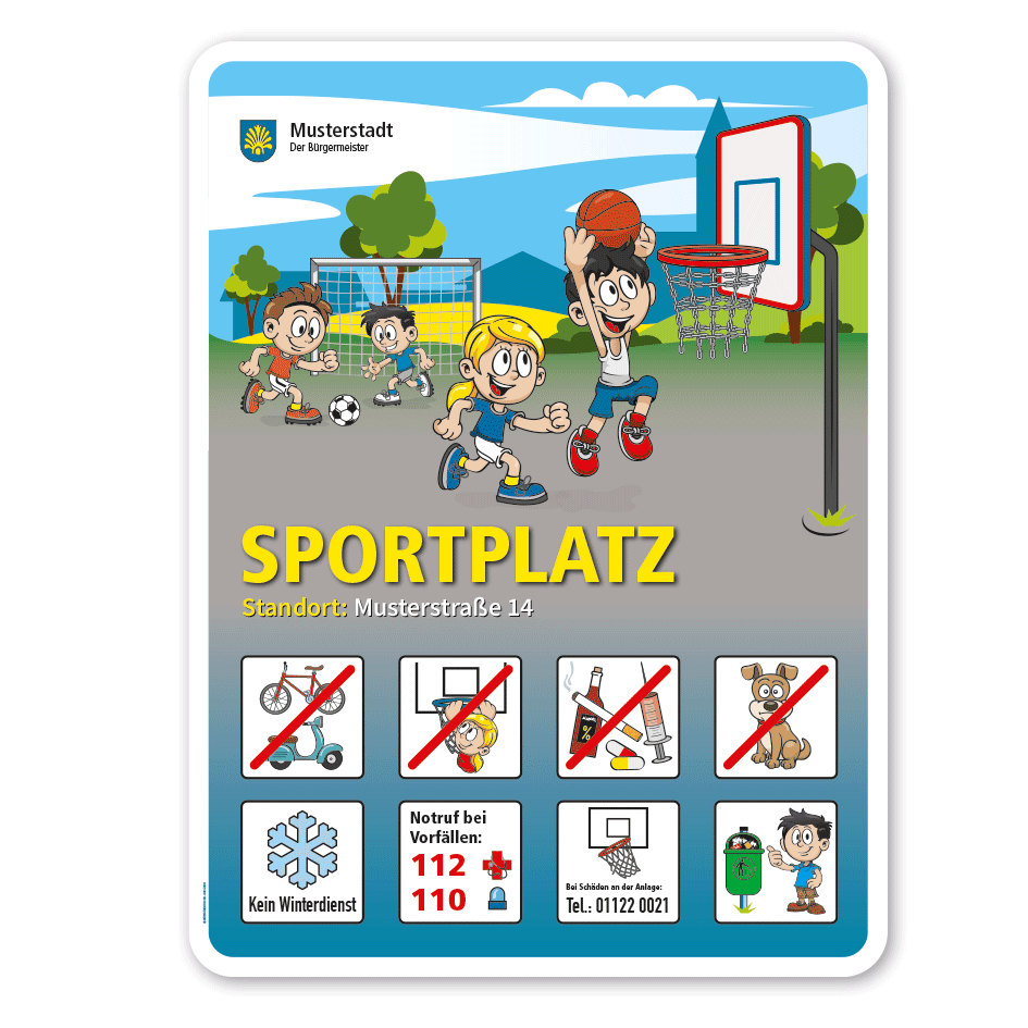 Spielplatzschild Sportplatz - Fußball - Basketball - mit 8 frei zu wählenden Piktogrammen – Schilderserie SP-01
