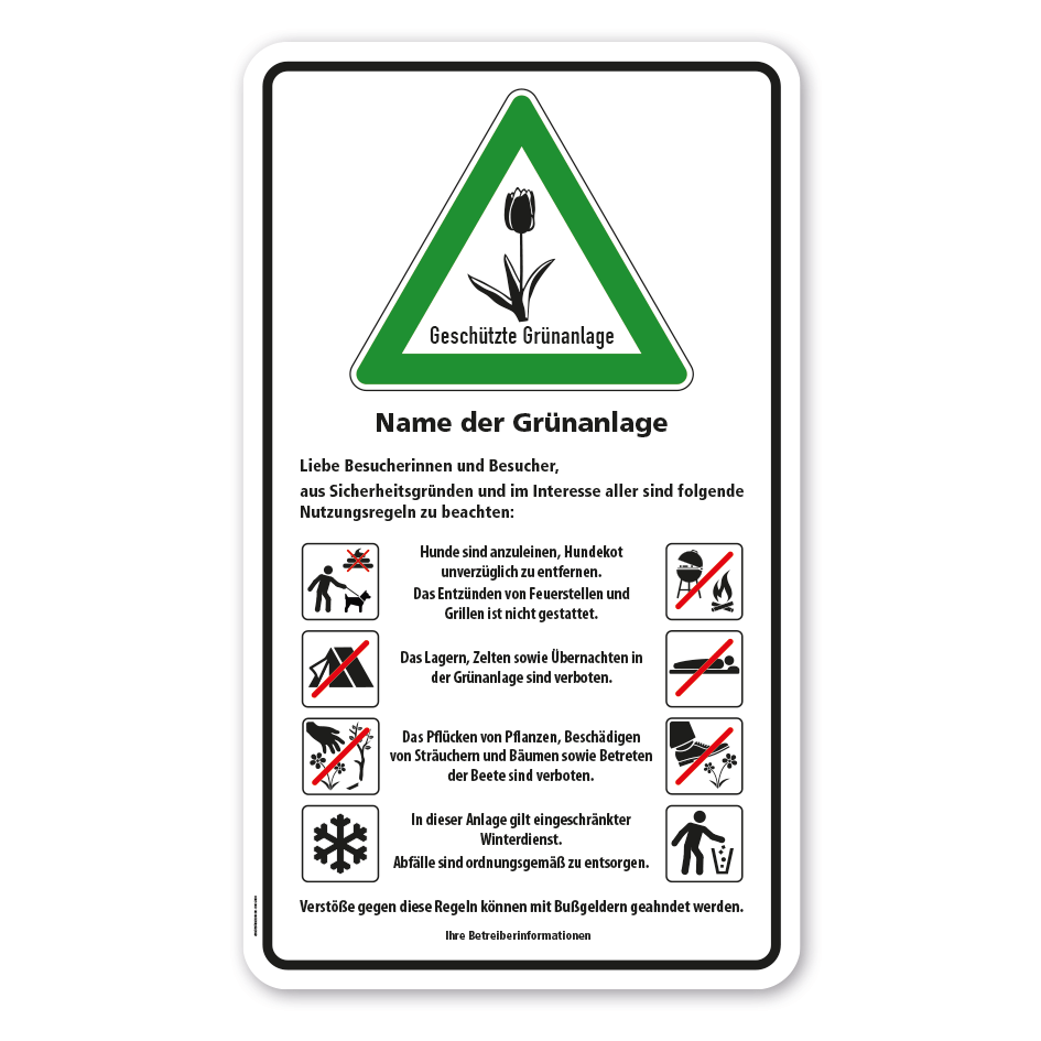 Naturschutzschild Geschützte Grünanlage mit 8 Piktogrammen und Ihrer Betreiberangabe - 500 x 850 mm