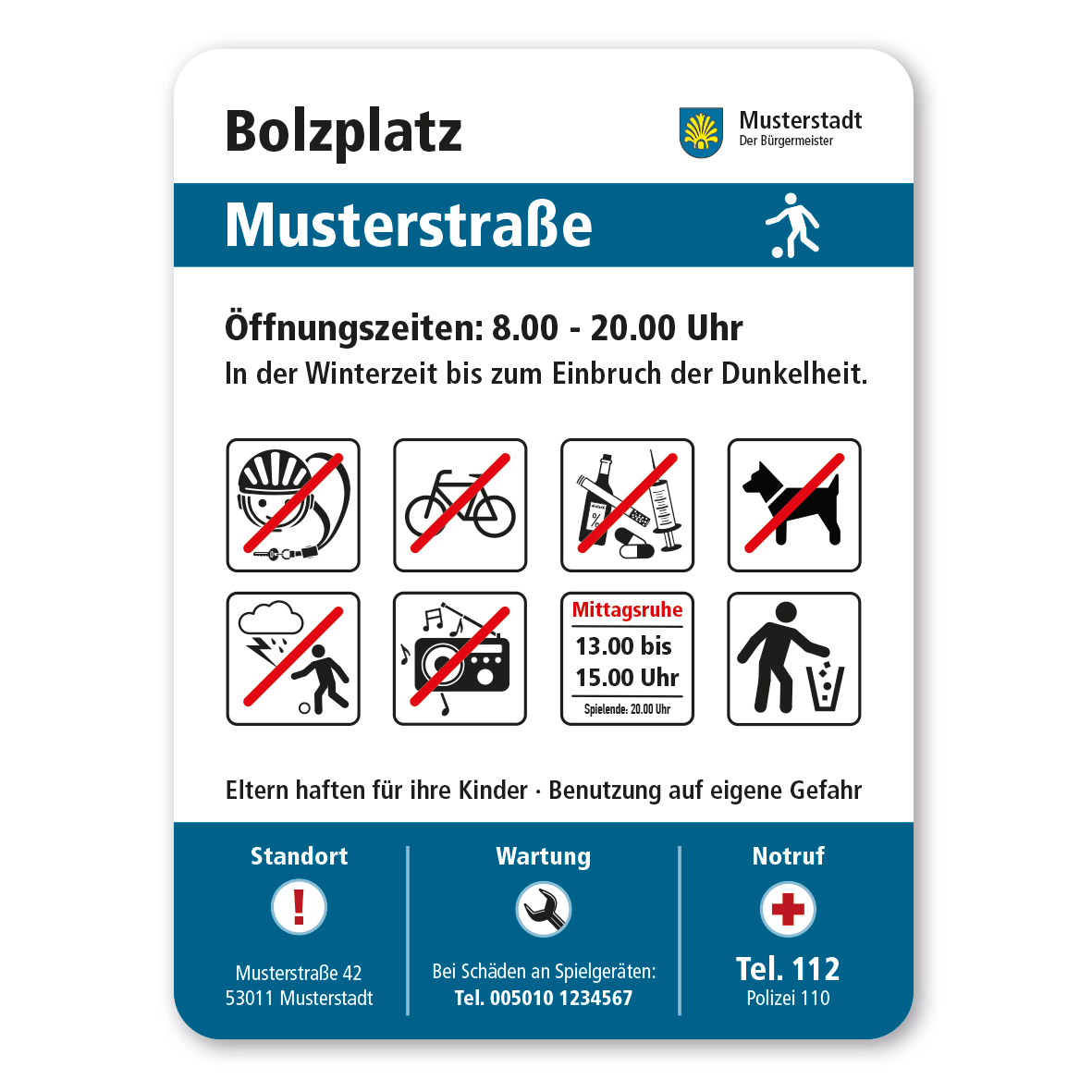 Bolzplatzkennzeichnung Bolzplatz mit 8 frei zu wählenden Piktogrammen – Spielplatzschild der Serie SP-02-C