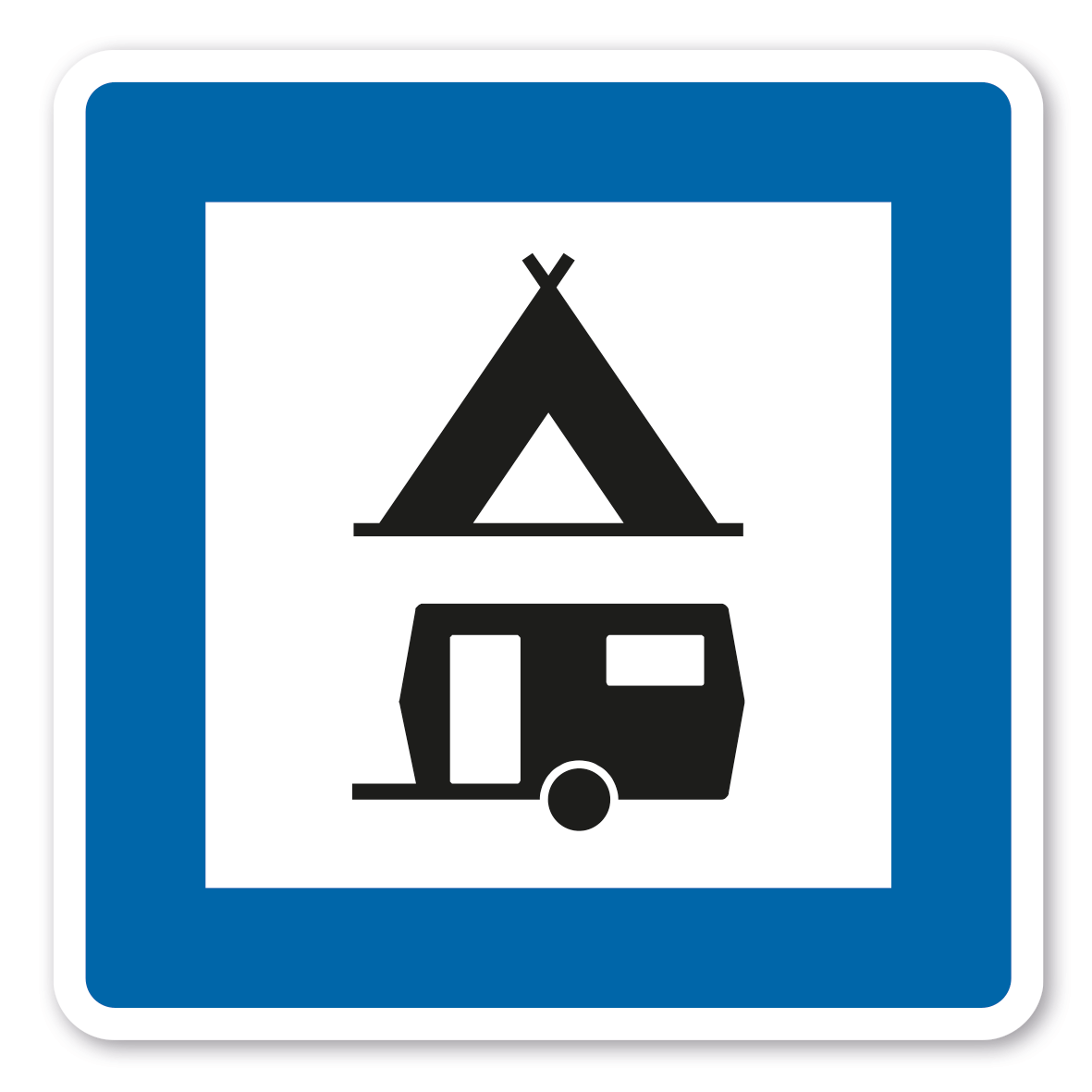 Parkplatzschild Zelt (Campingsymbol) - und Wohnwagenplatz - quadratisch mit Piktogramm - Verkehrsschild