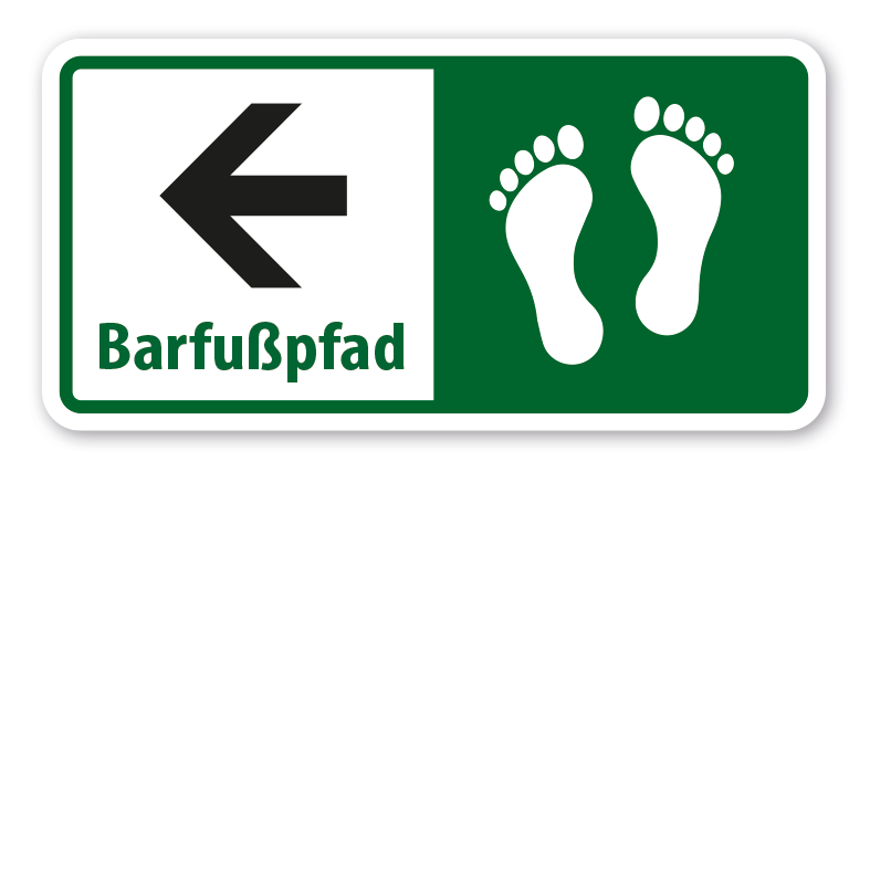 Hinweisschild Barfußpfad - Pfeil linksweisend