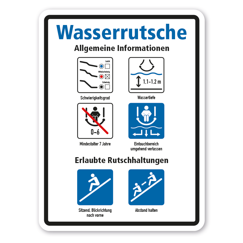 Hinweisschild für Wasserrutschen - Allgemeine Informationen - Erlaubte Rutschhaltung