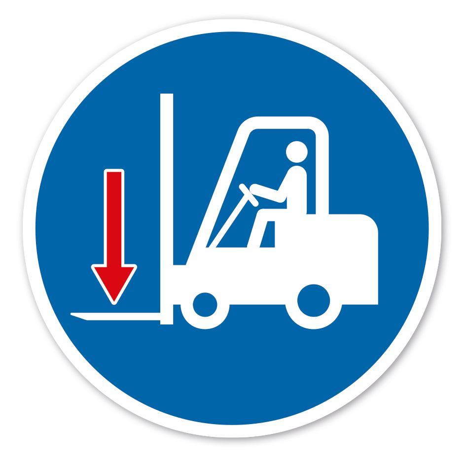 Gebotszeichen Flurförderzeuge - Gabelstapler ohne Last nur mit abgesenkter Gabel fahren