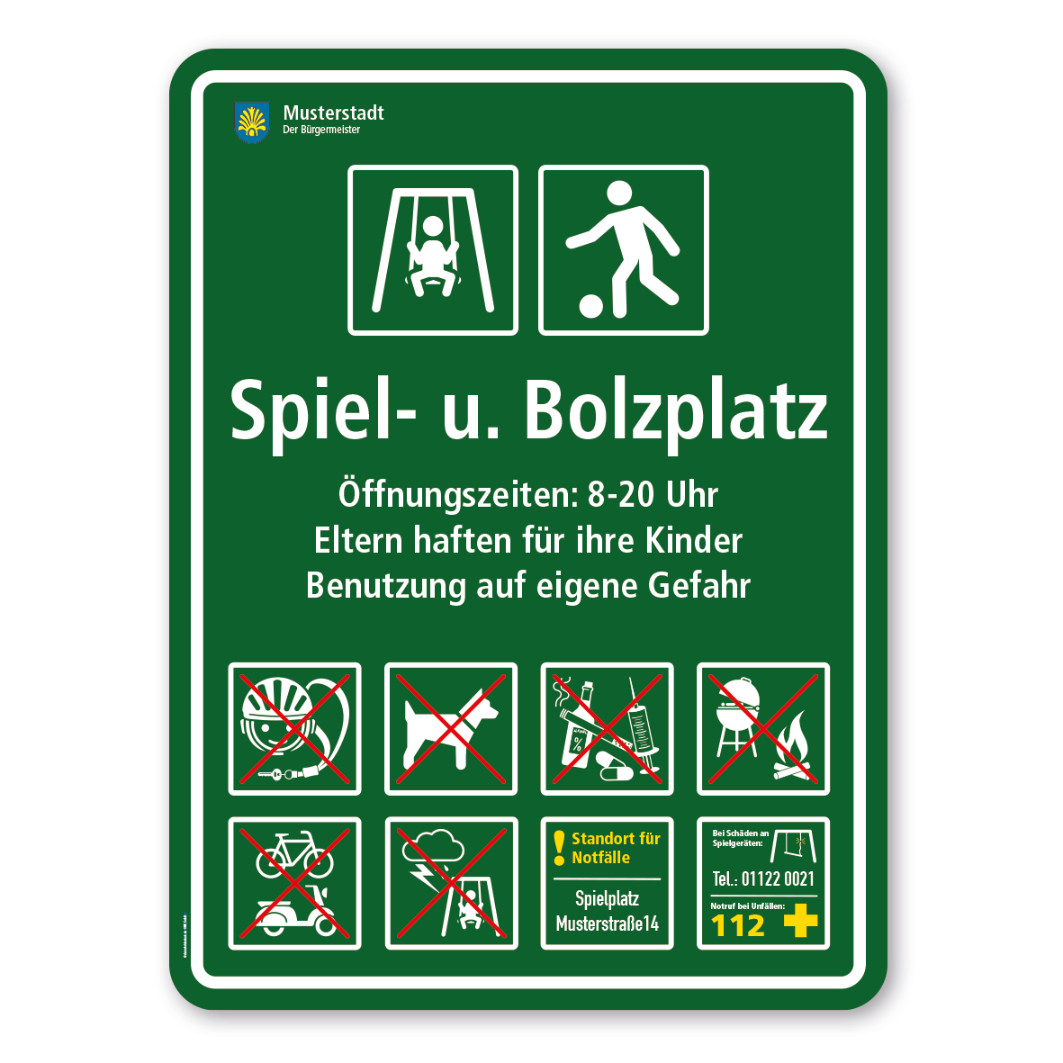 Spielplatzschild - Spiel- und Bolzplatz - mit Schaukel und Fußballspieler - mit 8 frei zu wählenden Piktogrammen – Schilderserie SP-03